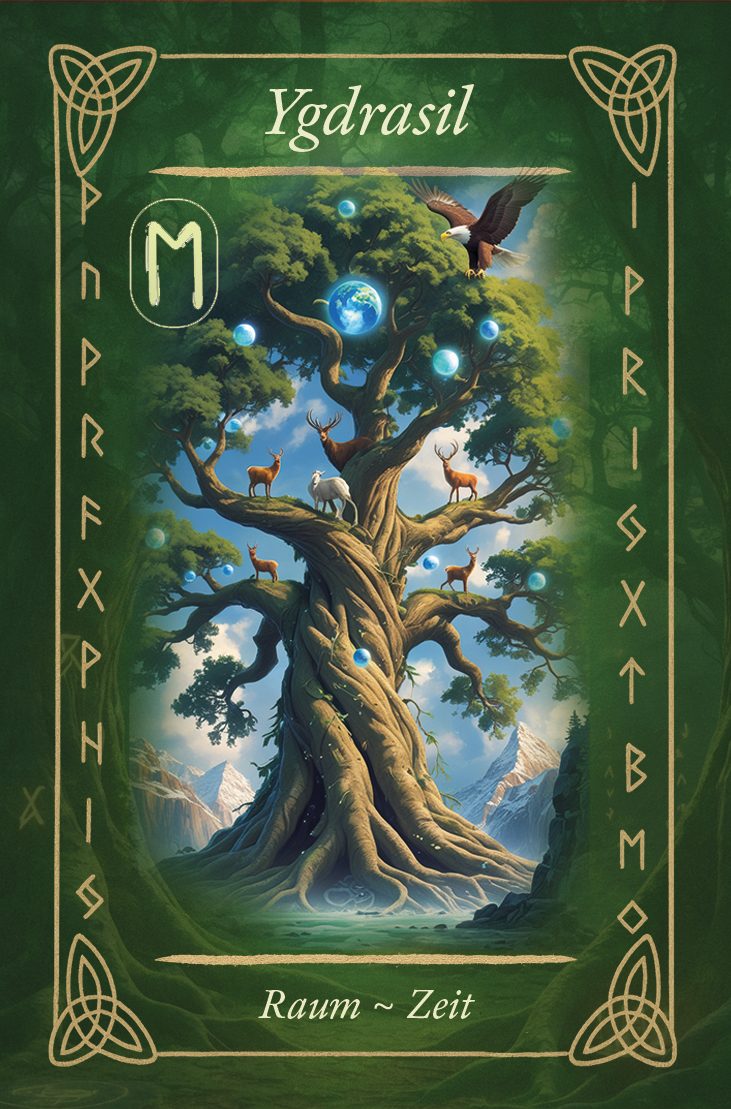 Ein großer, lebendiger Baum mit leuchtenden Blättern, Tieren und einem mystischen Hintergrund.